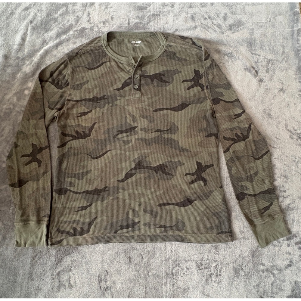 Old Navy Mens Built-In Flex Henley Shirt L Green Camo Waffle Knit Thermal
